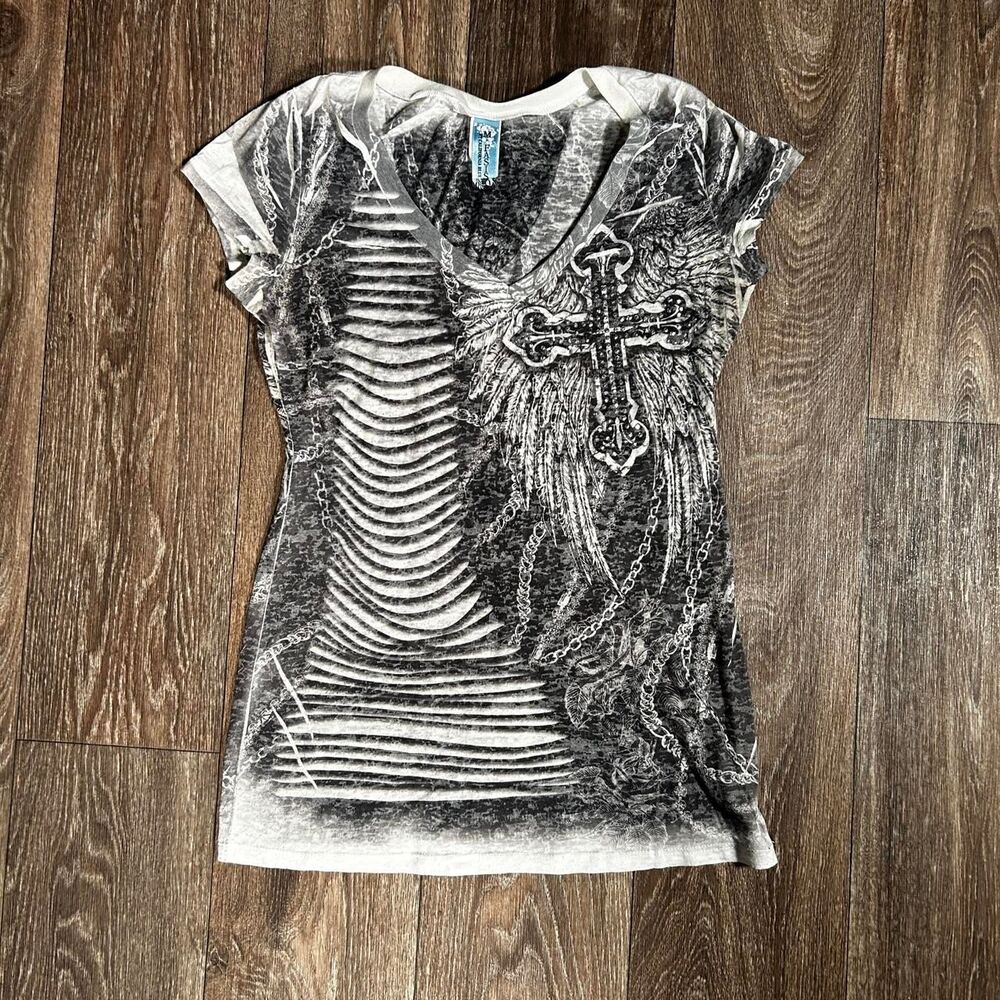 Y2K Affliction Style Gothic Angel Cross Graphic Tee